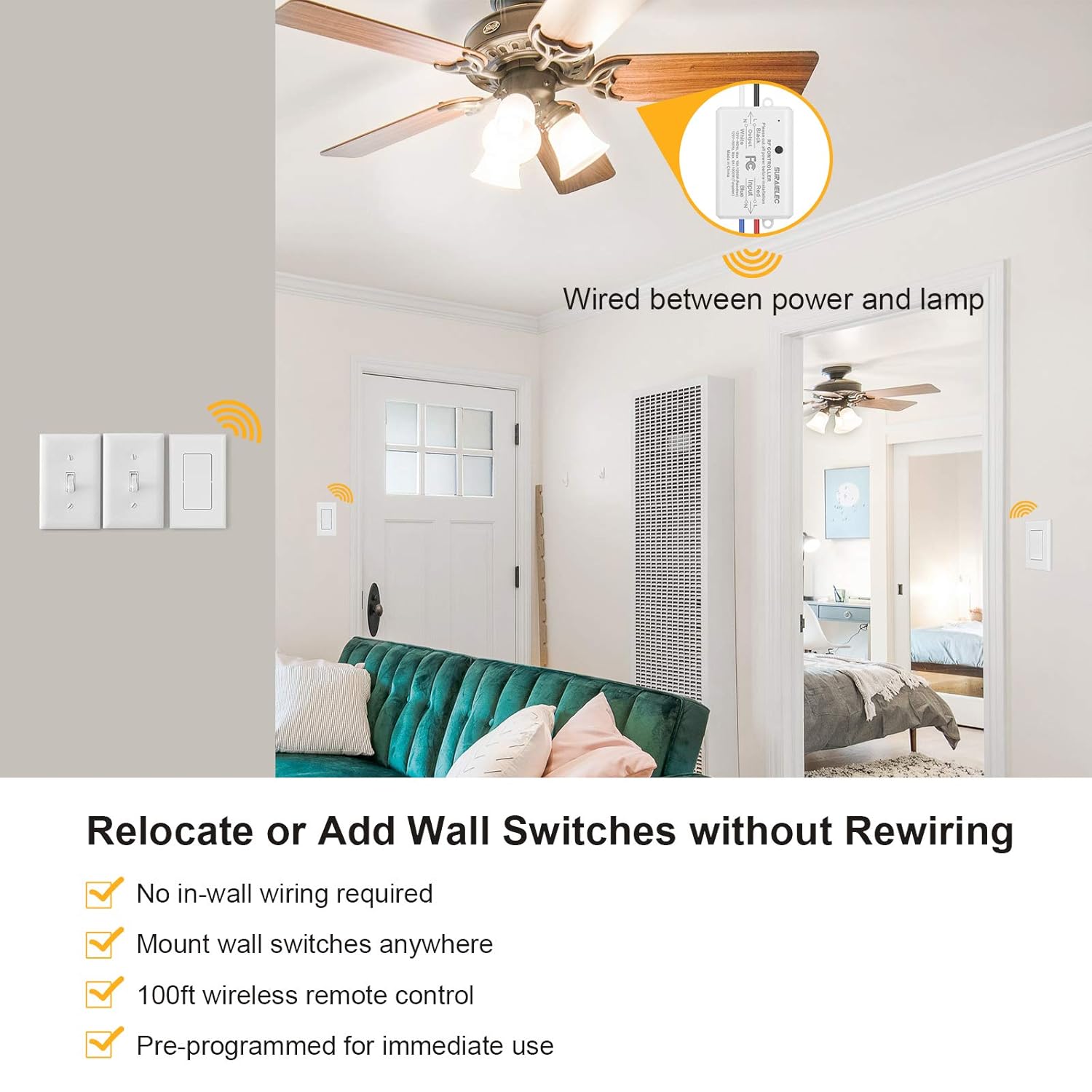 Suraielec Wireless Remote Light Switch, No Wiring, No WiFi, 100ft RF Range, Pre-Programmed, Expandable Wireless Wall Switch and Receiver Kit, Remote Control Light Fixture for Lamp, Ceiling Light, Fan