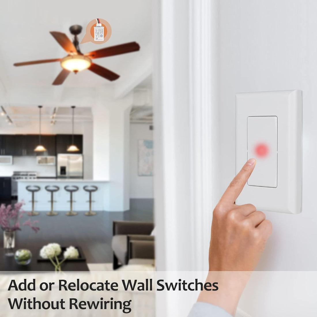 SURAIELEC Wireless Light Switch and Receiver Kit, 15A High Power, No Wiring, No Interference, 100ft RF Range, Expandable Remote Control Wall Switches for Lamp, Ceiling Light, Fan, Outdoor Lighting