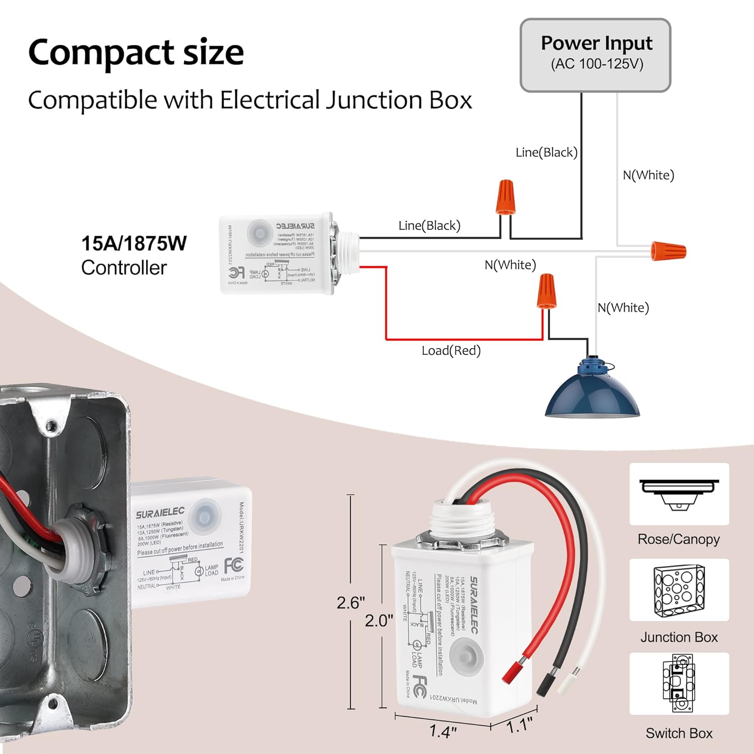 SURAIELEC Wireless Light Switch and Receiver Kit, 15A High Power, No Wiring, No Interference, 100ft RF Range, Expandable Remote Control Wall Switches for Lamp, Ceiling Light, Fan, Outdoor Lighting