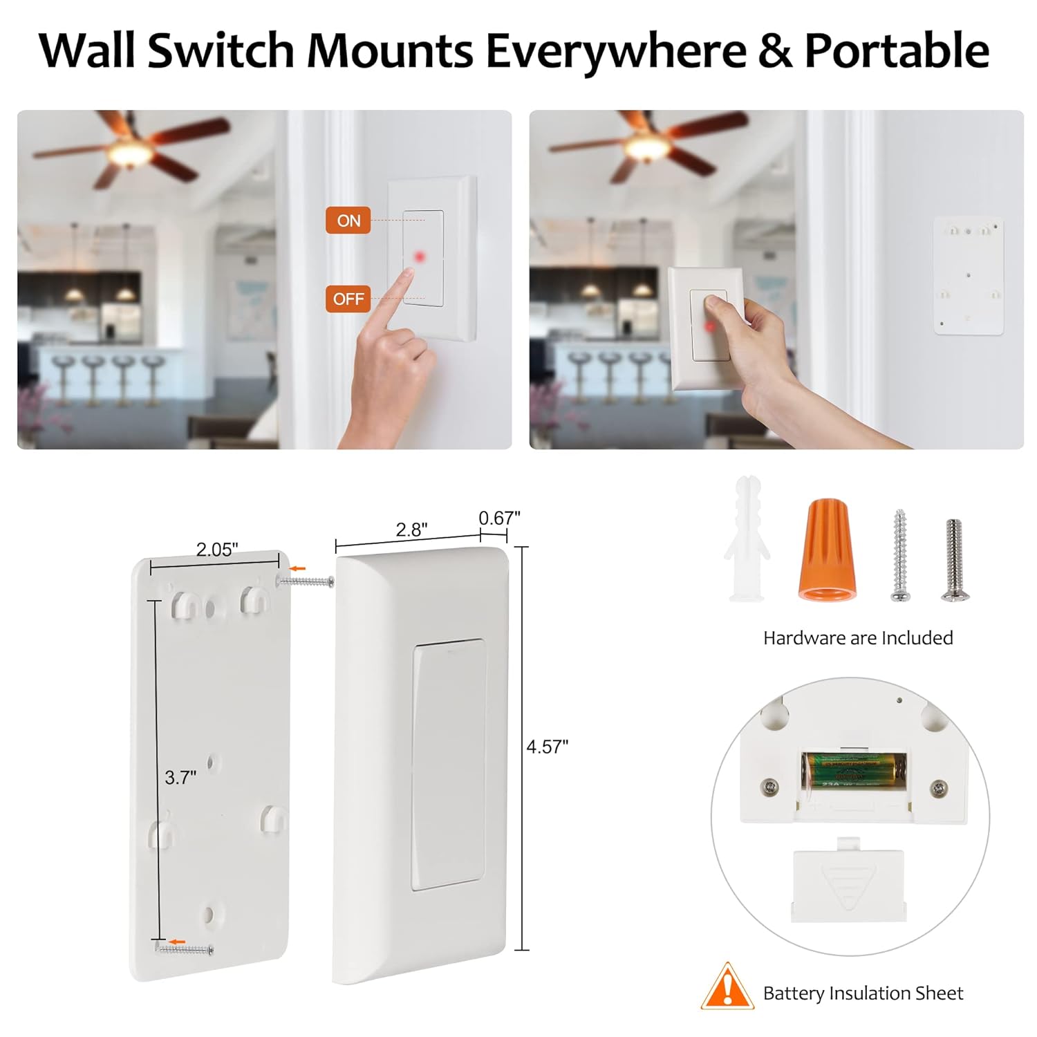 SURAIELEC Wireless Light Switch and Receiver Kit, 15A High Power, No Wiring, No Interference, 100ft RF Range, Expandable Remote Control Wall Switches for Lamp, Ceiling Light, Fan, Outdoor Lighting