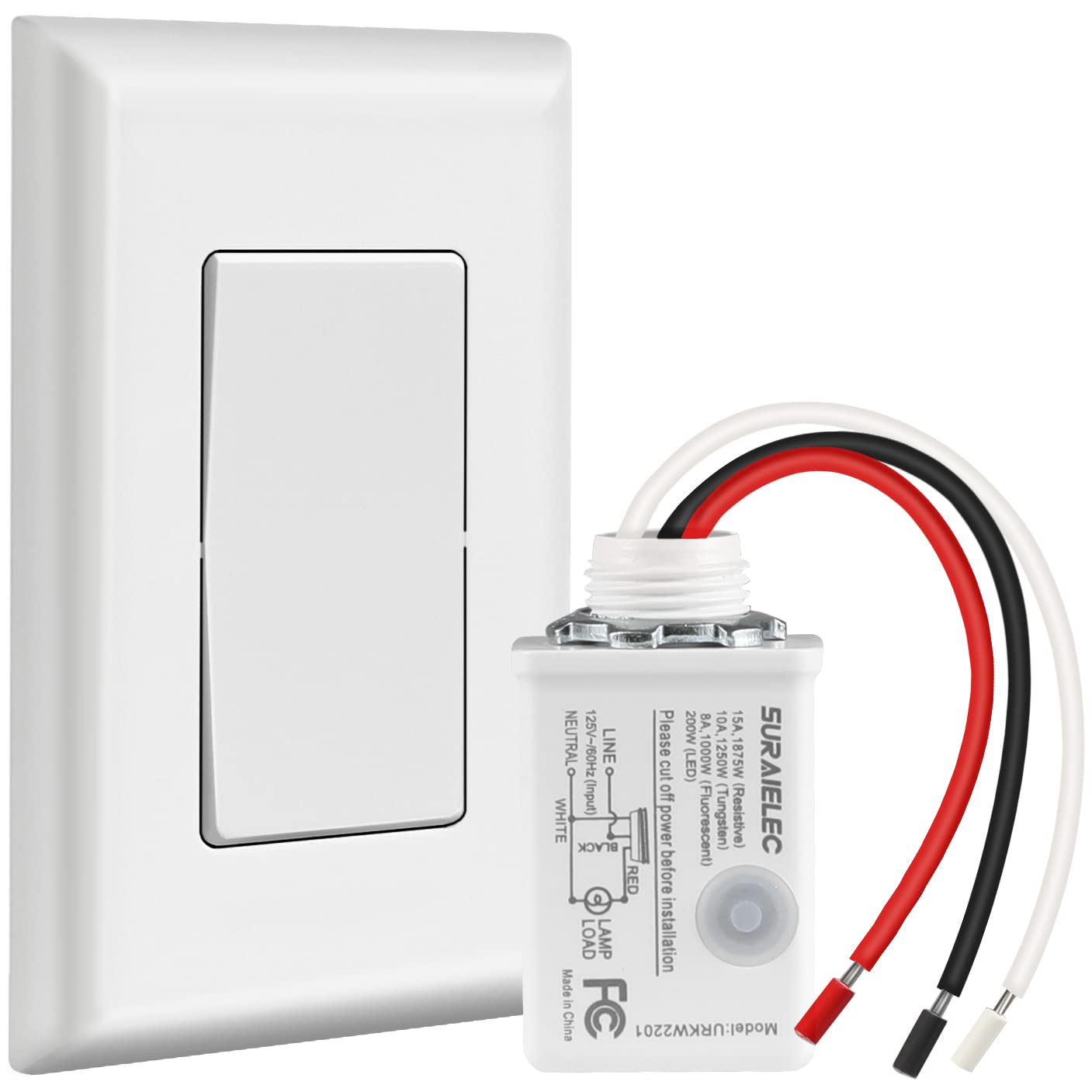 SURAIELEC Wireless Light Switch and Receiver Kit, 15A High Power, No Wiring, No Interference, 100ft RF Range, Expandable Remote Control Wall Switches for Lamp, Ceiling Light, Fan, Outdoor Lighting